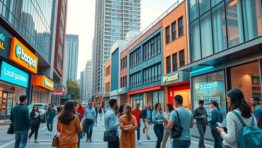Vibrant city scene of local businesses thriving with AI technology and community interaction.