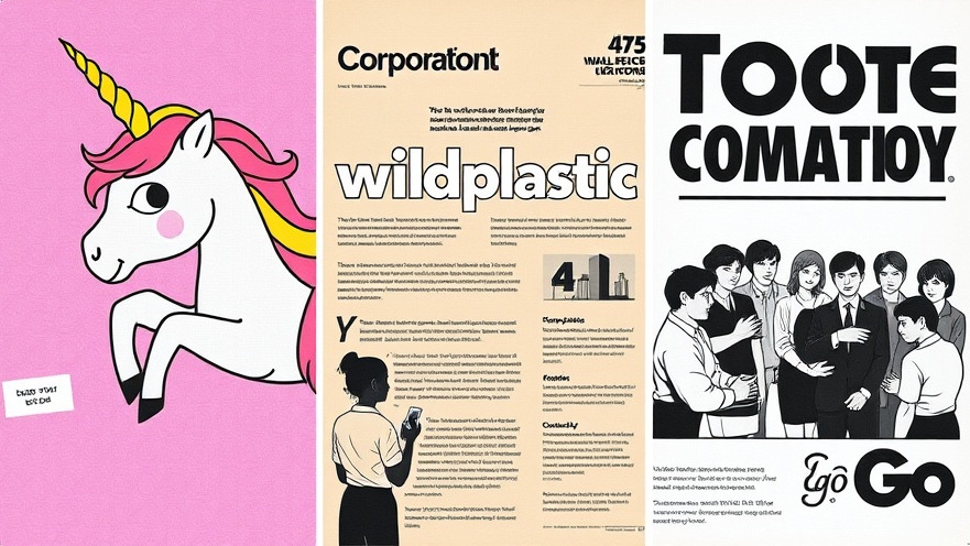 Collage of corporations: Unicorn's cheeky style, Wildplastic's informative design, and Too Good To Go's community focus.