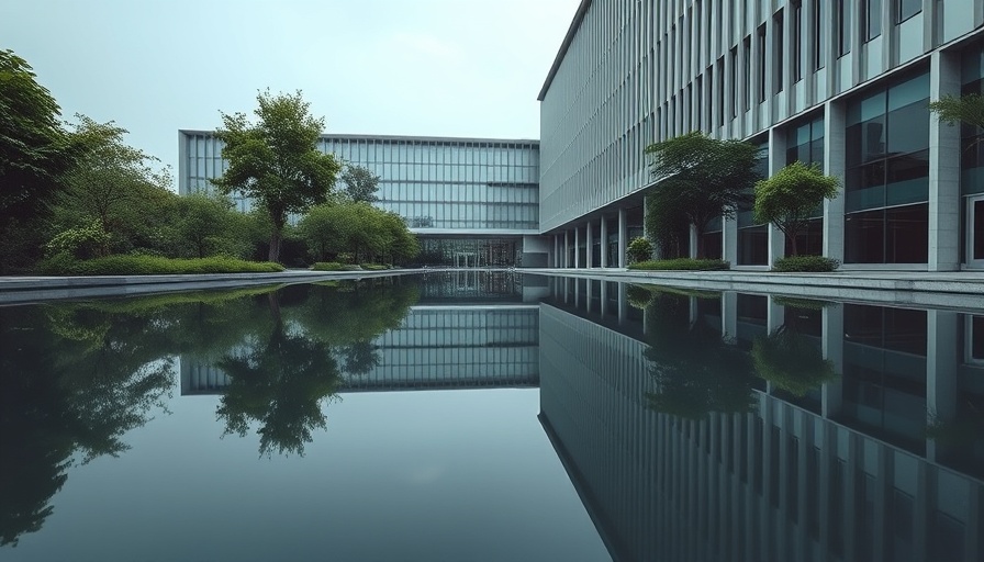 SAP headquarters reflecting in calm water, highlighting modern architecture and serene environment.