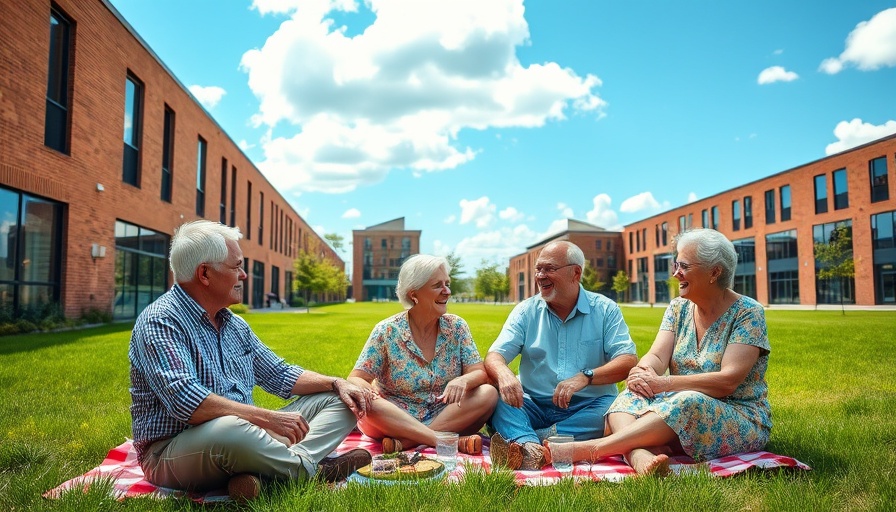 Seniors enjoying a picnic outside modern apartments, reflecting digital solutions for aging communities.