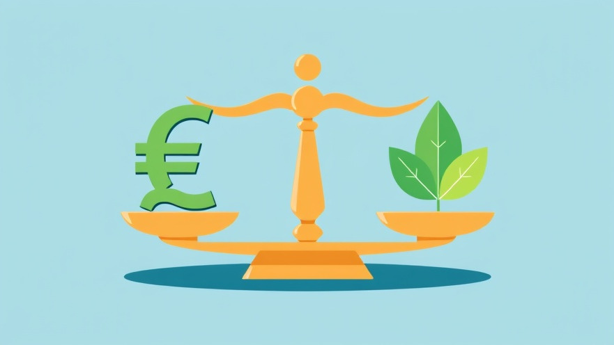 Stylized balance scale with euro sign and leaf symbol in green and blue.