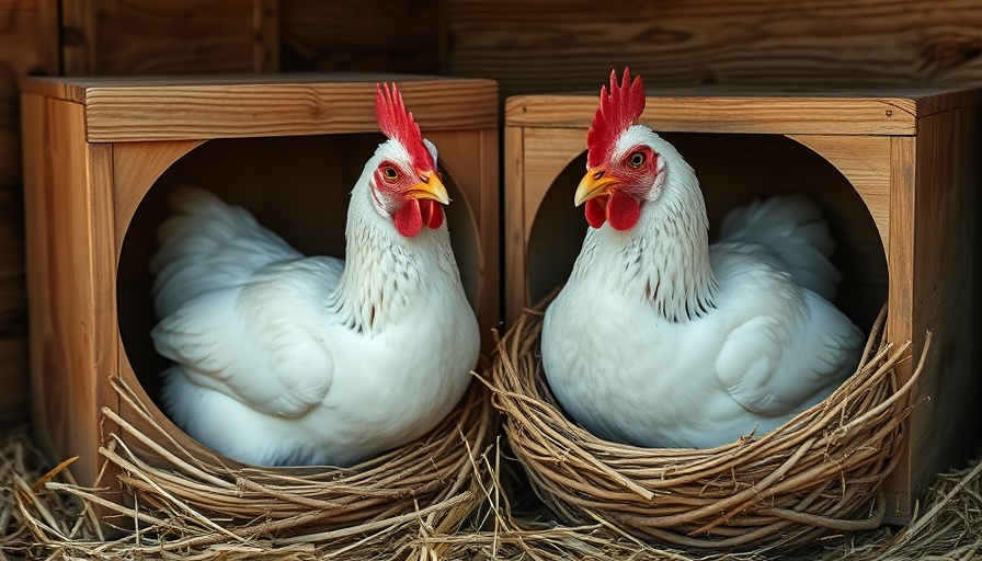Two white hens in wooden nests at the right height, rustic coop setting.
