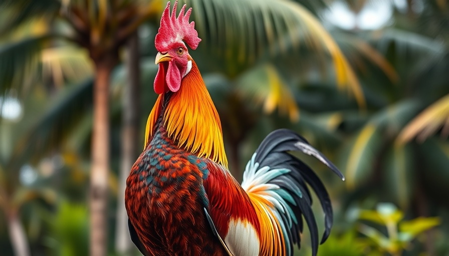 Hawaii feral chickens population: vibrant rooster in tropical setting.