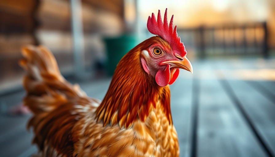 Rhode Island Red chicken on wooden floor in natural light.