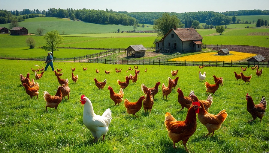 Rural farm with chickens and farmer, Bird Flu Indemnity Program context.