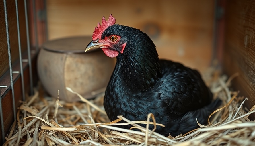 Black hen resting in nesting box, photorealistic