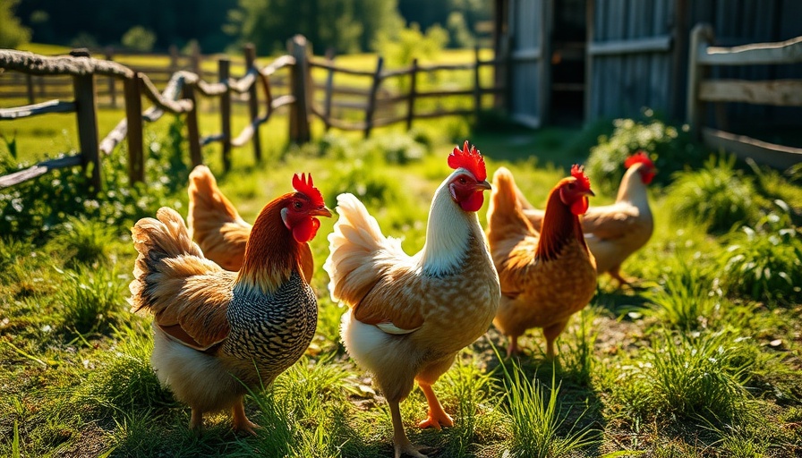 Hubbard Pedigree chickens in a lush farm setting.