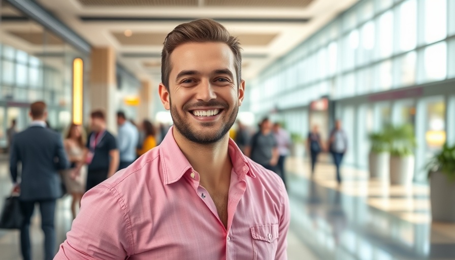 Smiling man standing in a modern lobby with bright lighting.