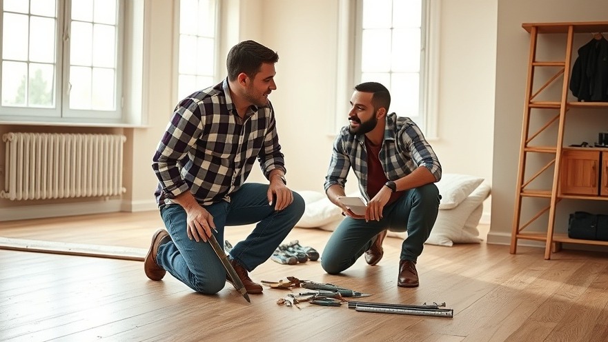 Men discussing wide pine flooring installation in a well-lit room.