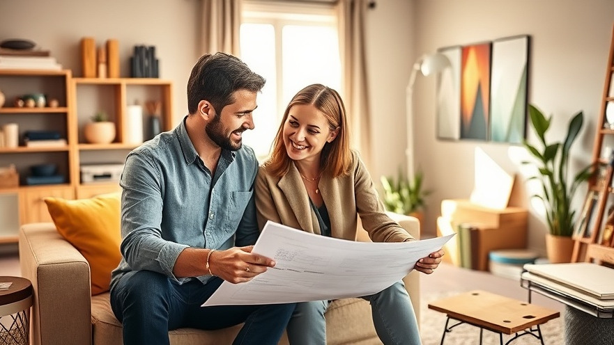 Couple discussing home renovation tips with blueprints in a stylish living room.