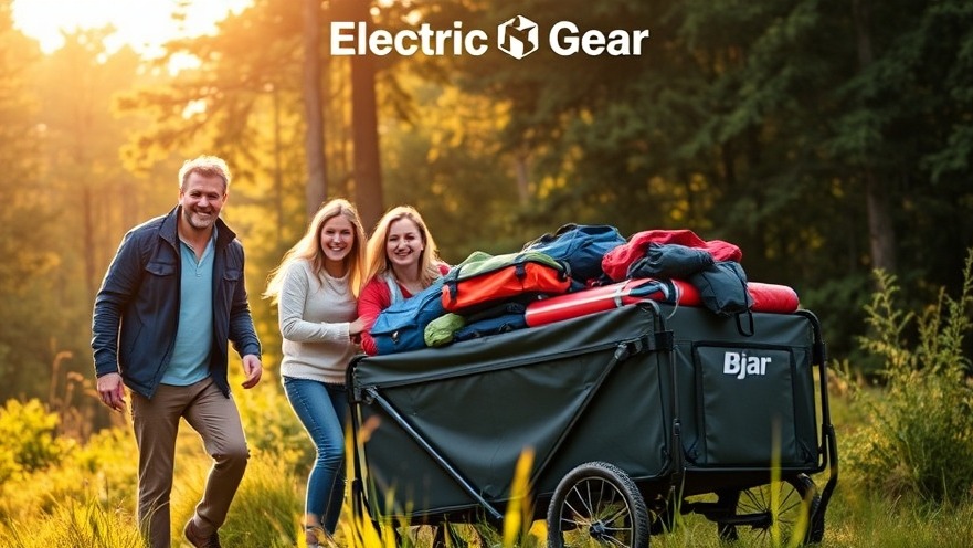 Family enjoying nature with an electric camping wagon, vibrant camping gear, and sunlight filtering through trees.