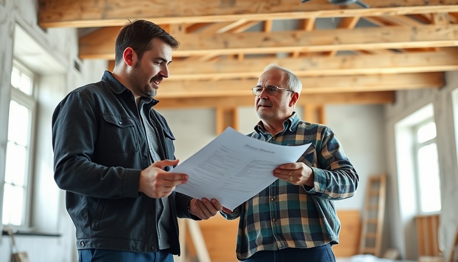 Two men discussing building plans in a renovation project.