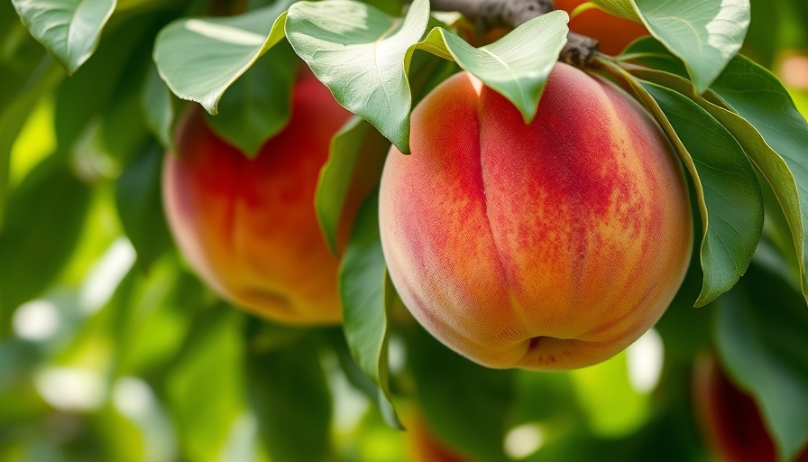 Ripe peaches on a tree with green leaves, fresh and vibrant.