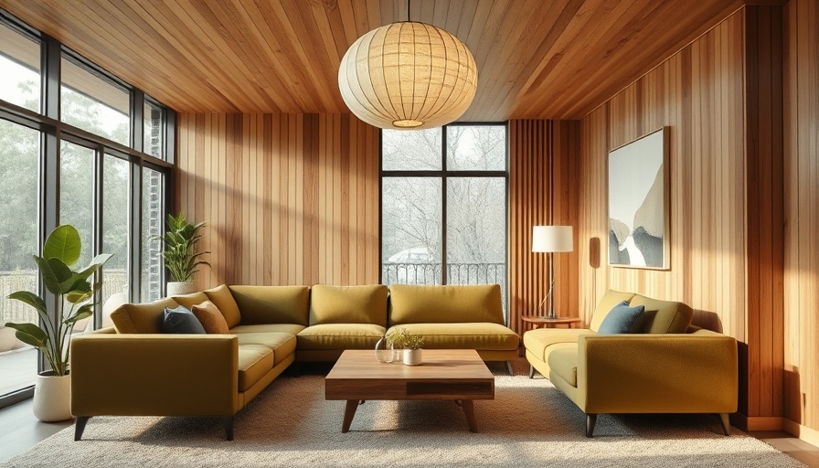 Mid-century modern living room with green sofa and wooden décor.