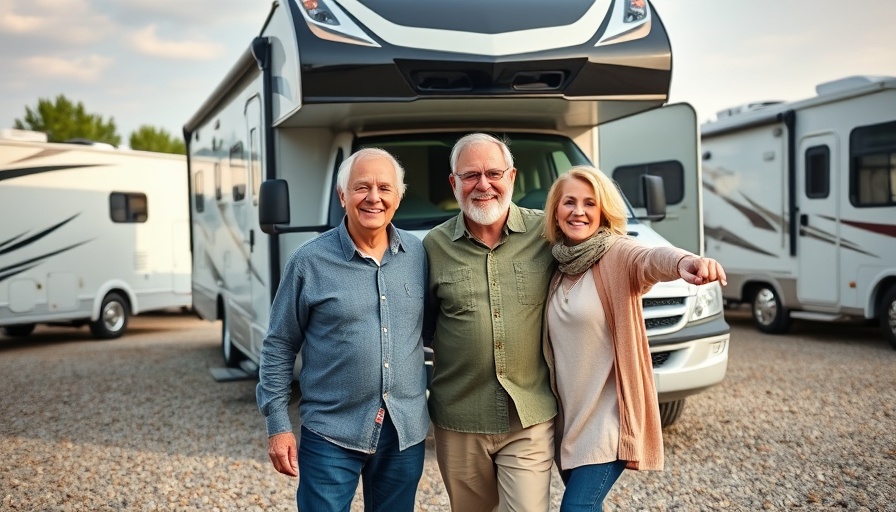Older couple celebrating freedom in RV life next to their modern camper.