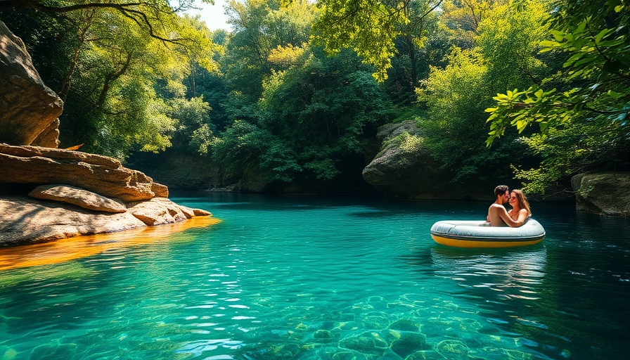 Serene Arkansas swimming hole with lush greenery and clear water.