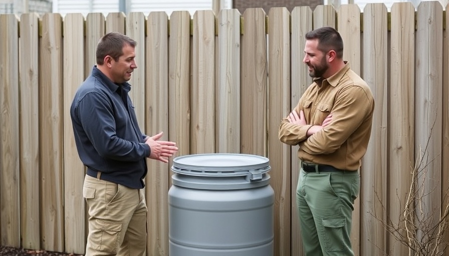 Rain barrel installation discussion in a backyard setting.