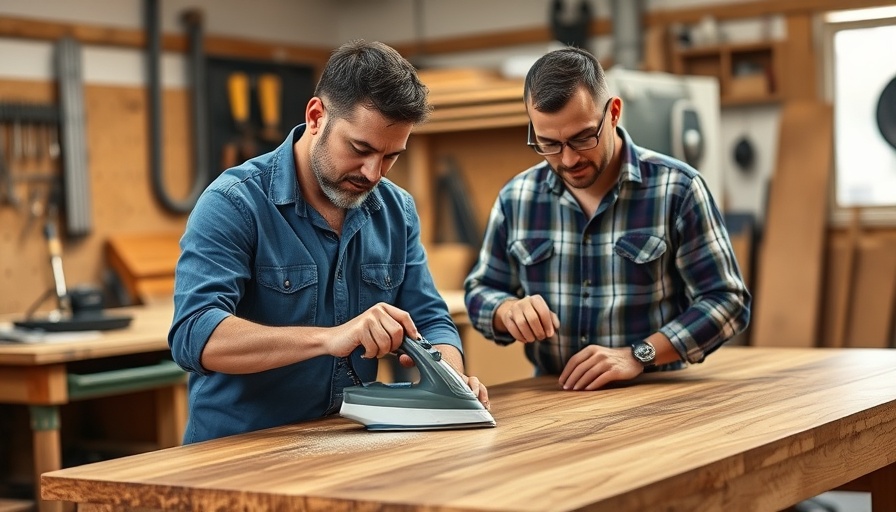 Two men removing ring stains from wood with an iron in a workshop.