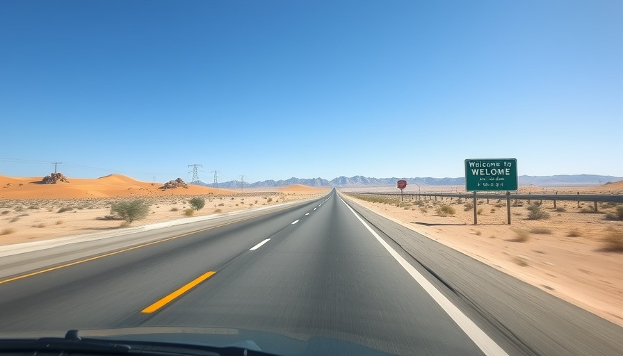 RV life tips: Scenic highway with welcome sign and clear sky.