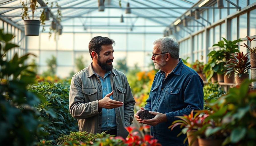 Experts discussing soil for indoor plants in a greenhouse.