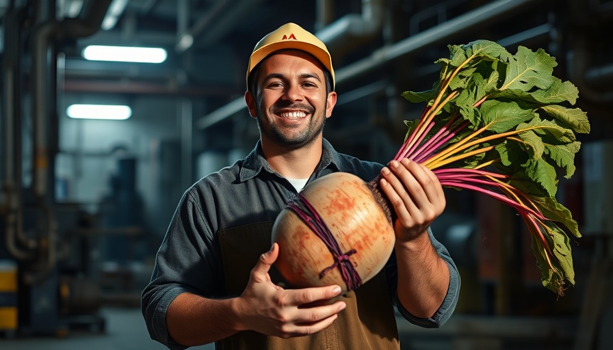 Cheerful worker holding sugar beet during harvest season.