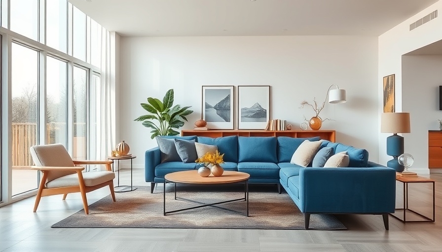 Stylish living room design with natural light, blue sofa, and minimal decor.