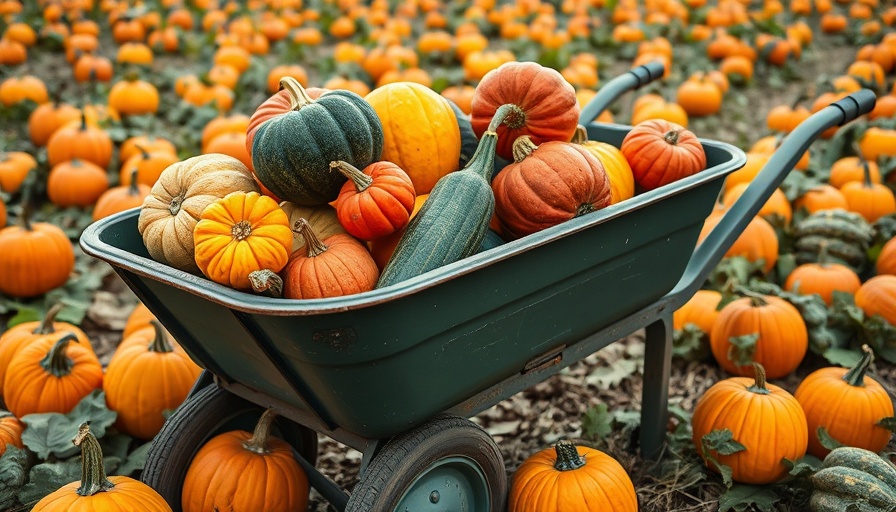 Vibrant winter squash harvest in a wheelbarrow on a pumpkin field.