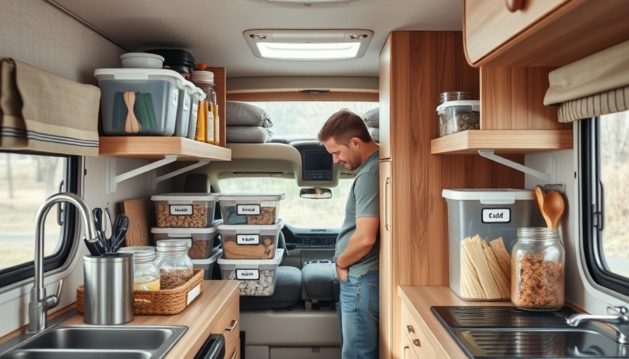 RV kitchen organization tips with labeled storage containers.