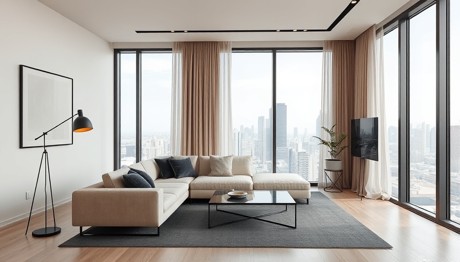 Modern living room with large windows and neutral decor, showcasing modern interior trends