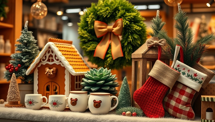 Christmas Decor Shop 2025 festive display with gingerbread house, wreath, and holiday textiles.
