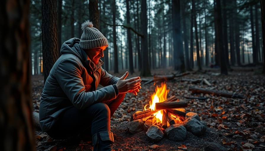 Cold weather remote camping: camper by fire in wooded area.