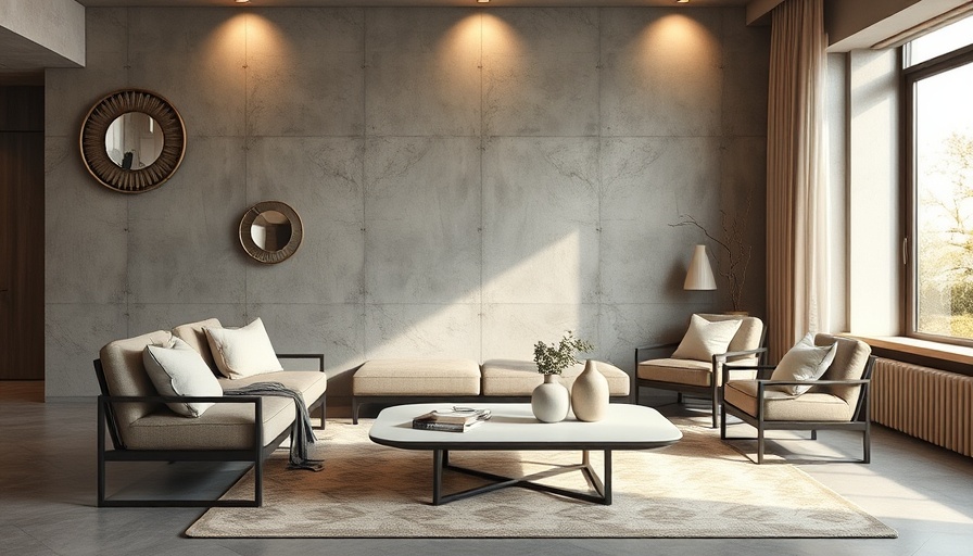 Soft Brutalism interior design with modern furniture and concrete walls.
