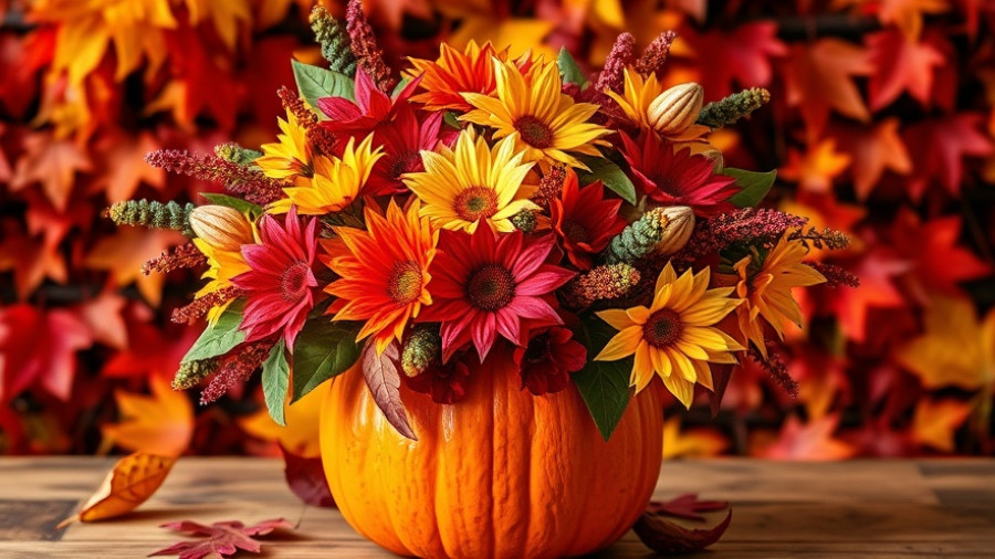 Colorful foraged fall decor in a pumpkin vase.
