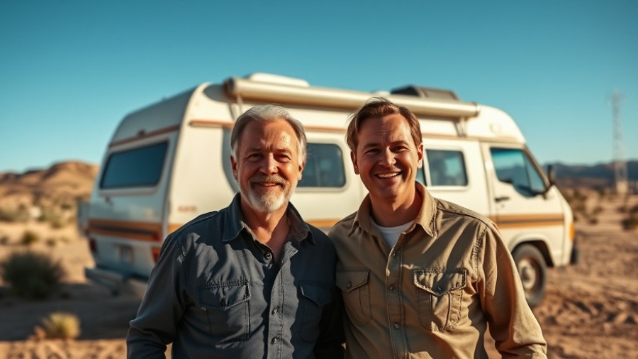 Two smiling adults in front of a converted camper in a desert landscape.