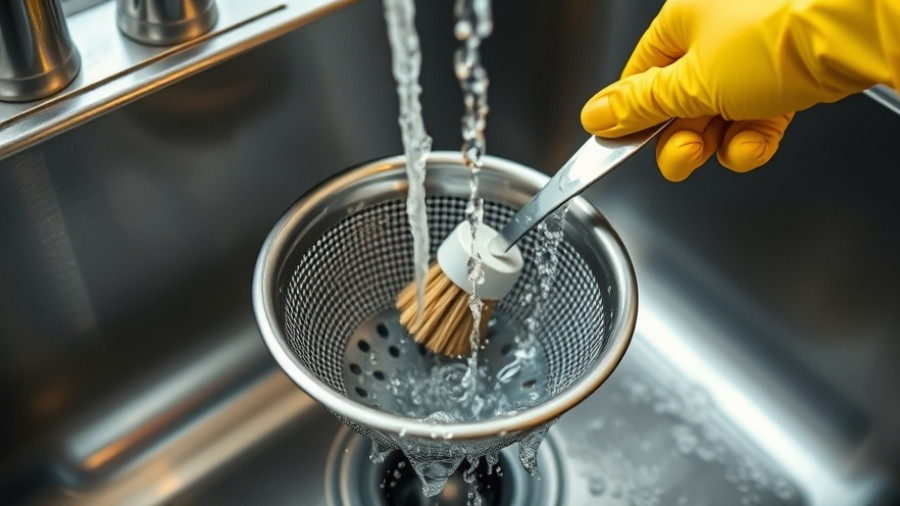 Yellow-gloved hands using cleaning techniques on kitchen sink strainer.