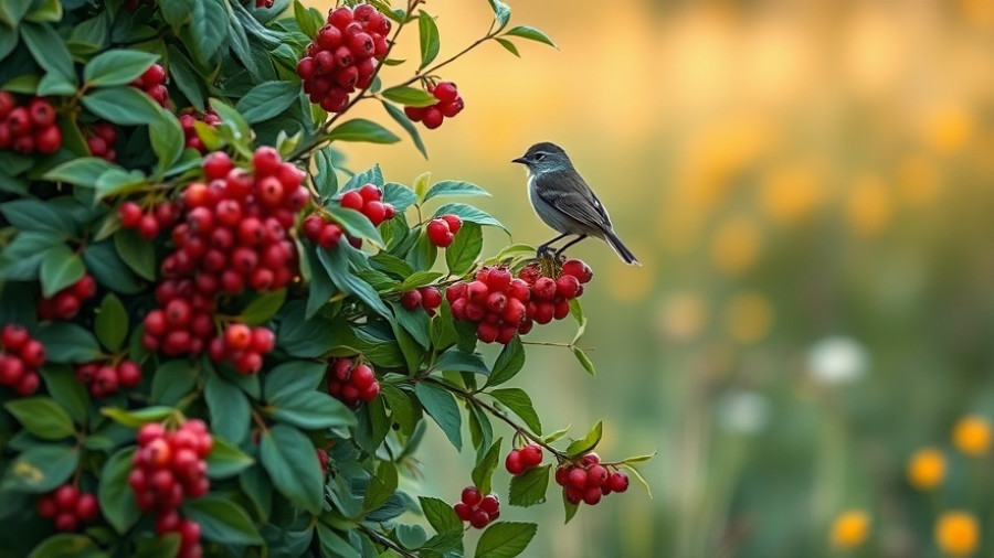 Bird on berry-laden plant in October meadow.