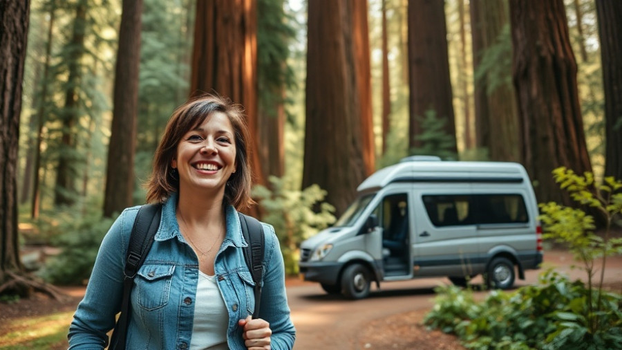 Woman exploring dog-friendly adventures in Redwoods National Park.