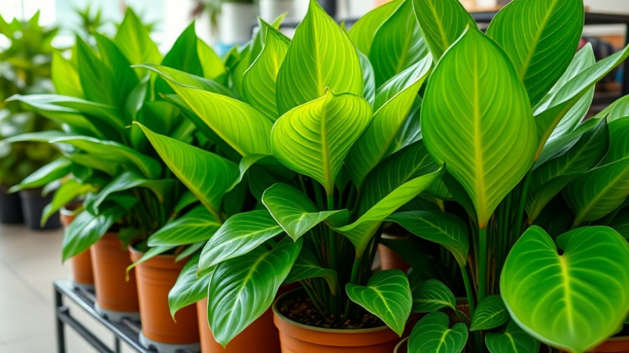 Healthy potted Alocasia plants with vibrant leaves in an indoor shop.
