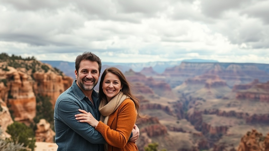 Couple smiling at South Rim with canyon view.