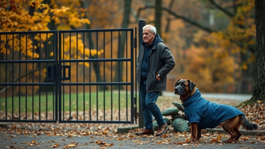 Closed trail with sign, man and dog in autumn forest.