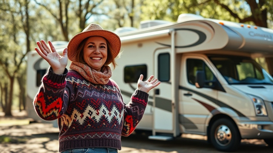 Cheerful woman showing RV transformation on a budget.