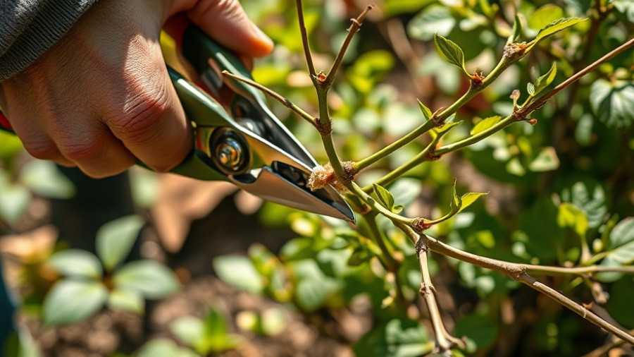Close-up of pruning hardy hibiscus branches, sunlit garden scene.