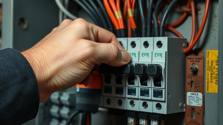 Close-up of hand adjusting circuit breaker.