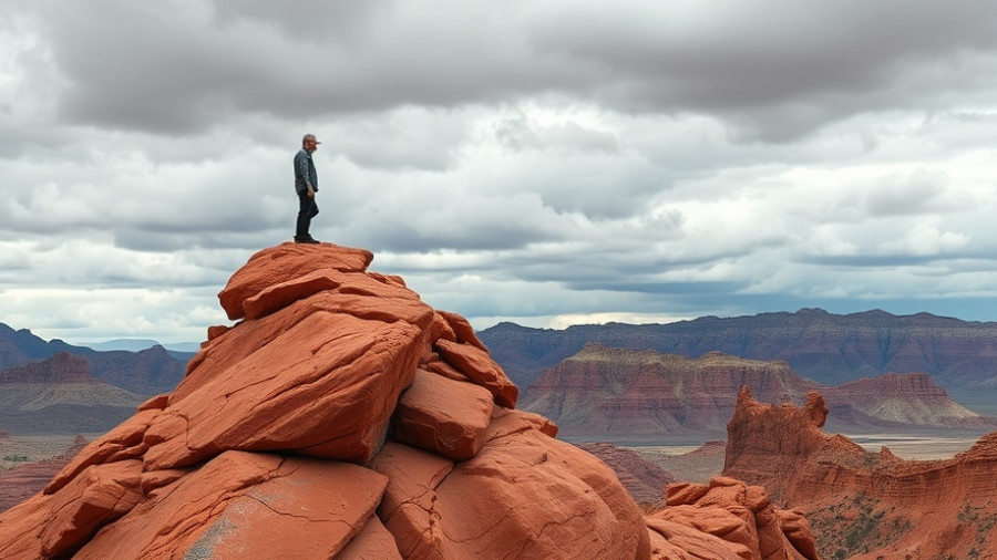 Valley of Fire scene with person on red rocks, cloudy sky, Winter National Parks Road Trip.