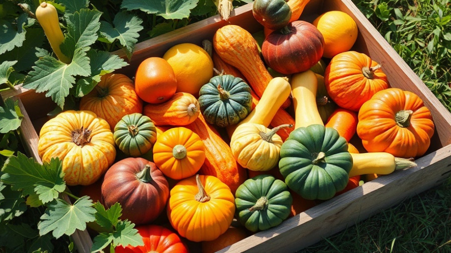 Various easy squash varieties in a wooden box surrounded by leaves.