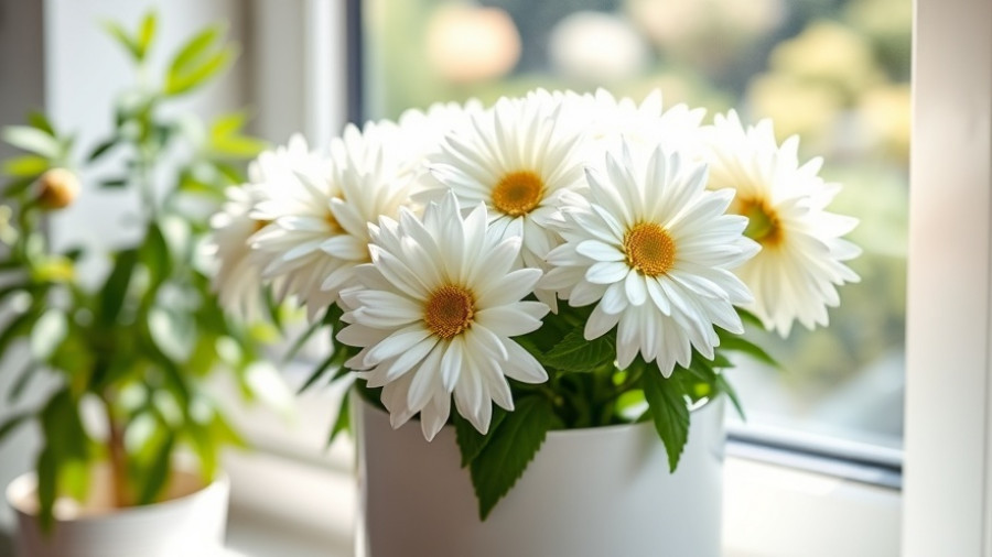 White chrysanthemums overwintering on a sunlit windowsill.