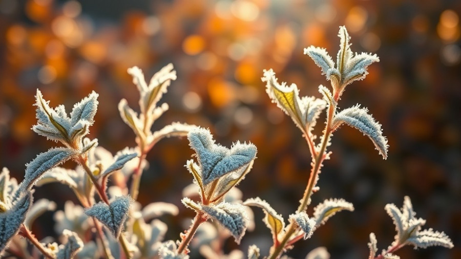 Frost on garden plants during first frost in autumn morning.