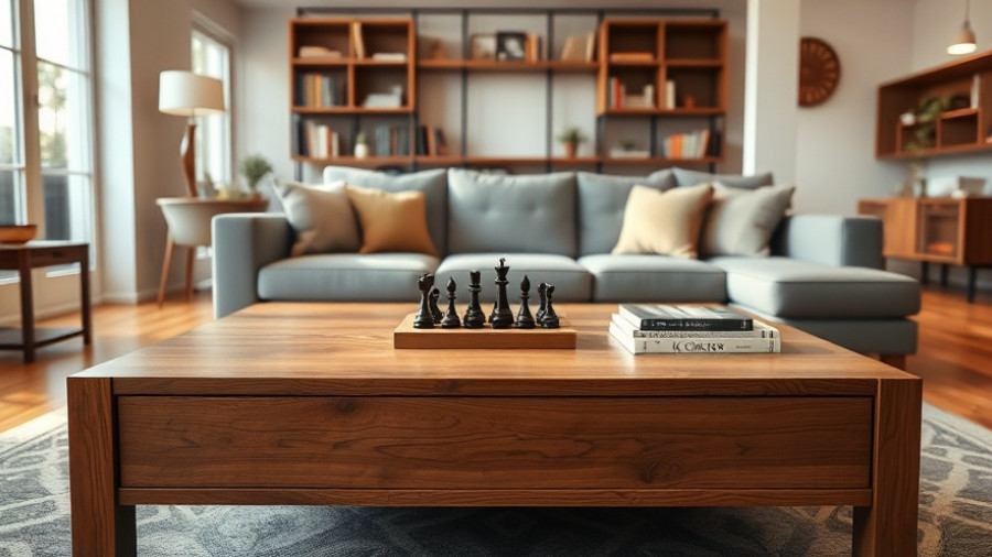 Elegant wooden small coffee table with chess set in cozy living room.