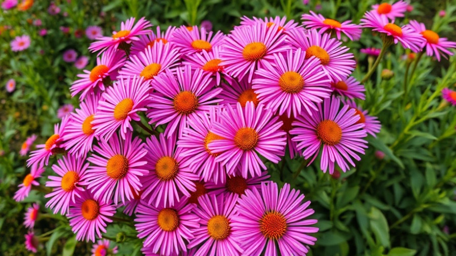 Blooming October Skies asters in a lush garden with green foliage.