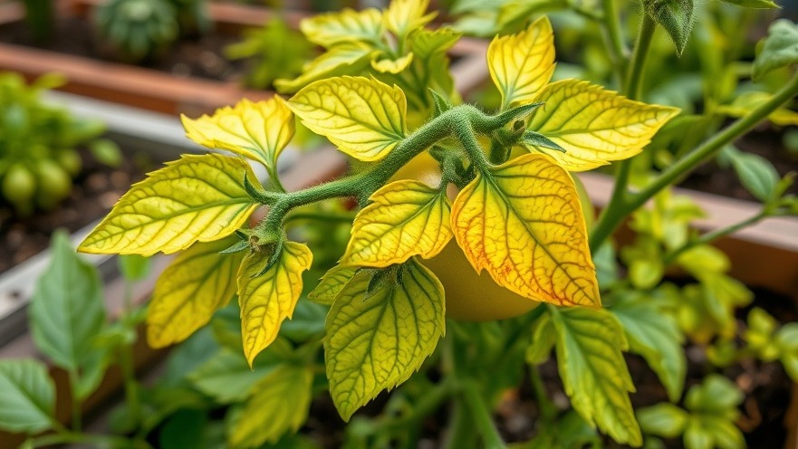 Close-up of a distressed tomato plant with yellowing leaves, highlighting vital tomato care tips.